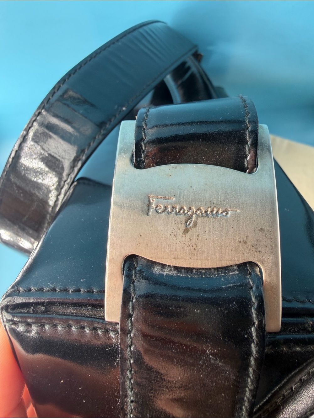 Salvatore Ferragamo Black Patent Leather Box Shoulder Bag Vintage 90s - Picture 4 of 12